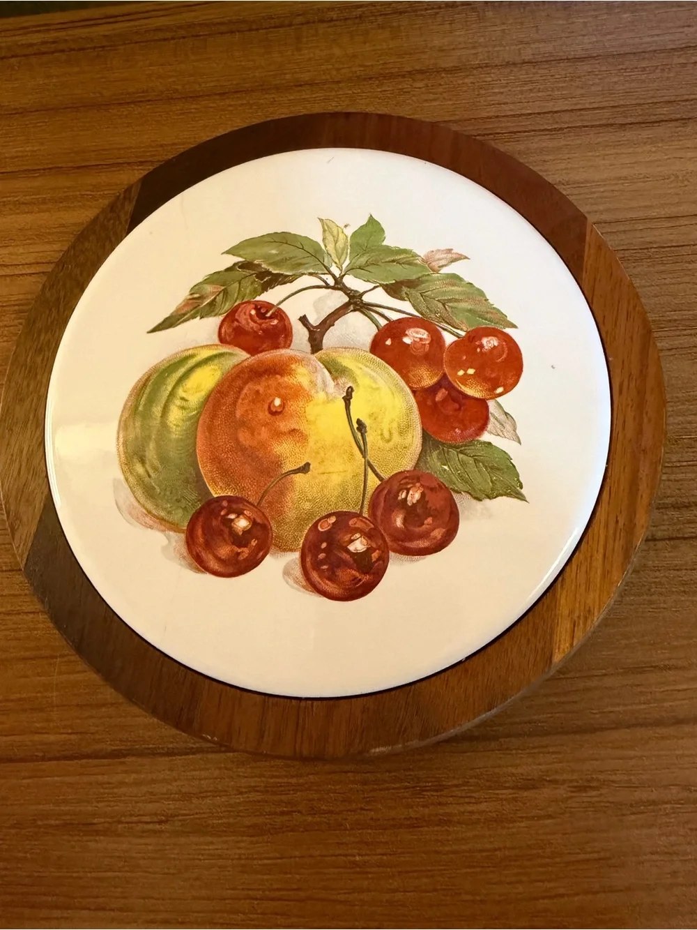 Vintage Ozark Walnutware Trivet Ceramic Tile Inlay Fruit Peach Cherries MCM